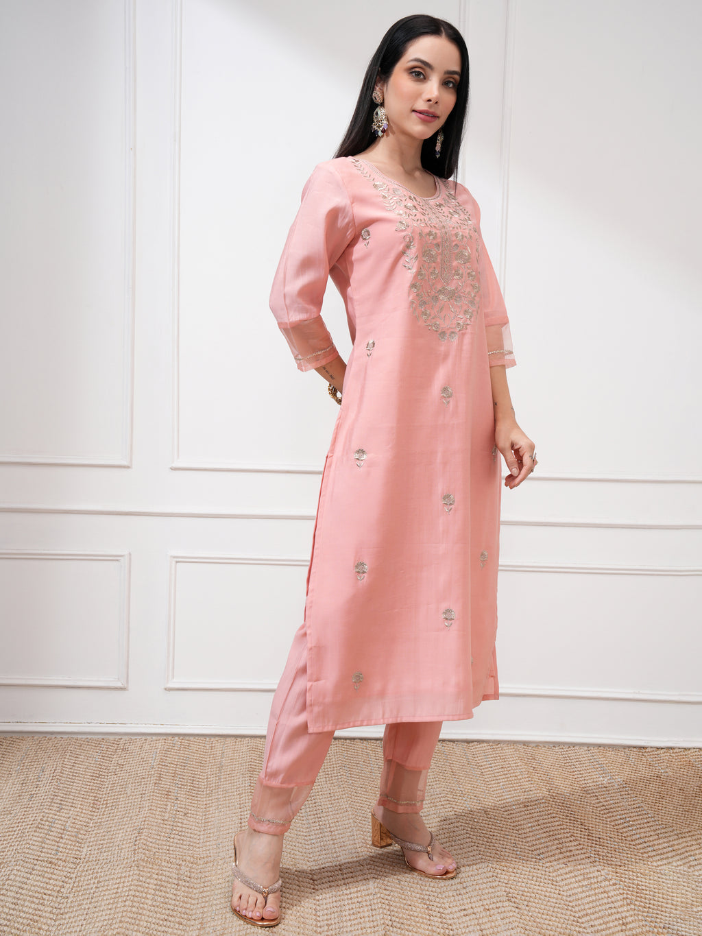 Vishudh Women Peach Embroidered Kurta With Trousers And Dupatta - Peach - Image 6