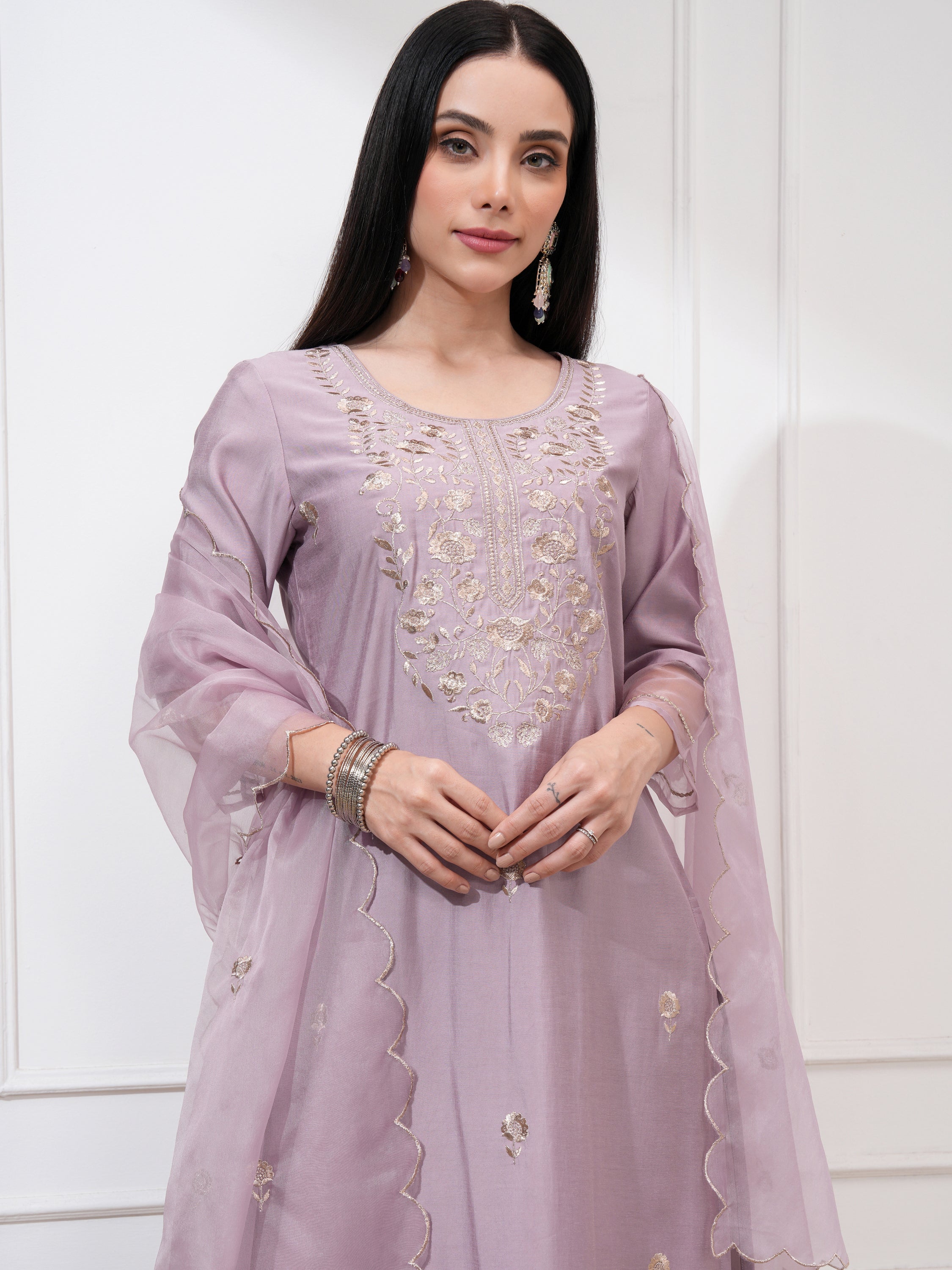 Vishudh Women Mauve Embroidered Kurta With Trousers And Dupatta - Mauve - Image 1