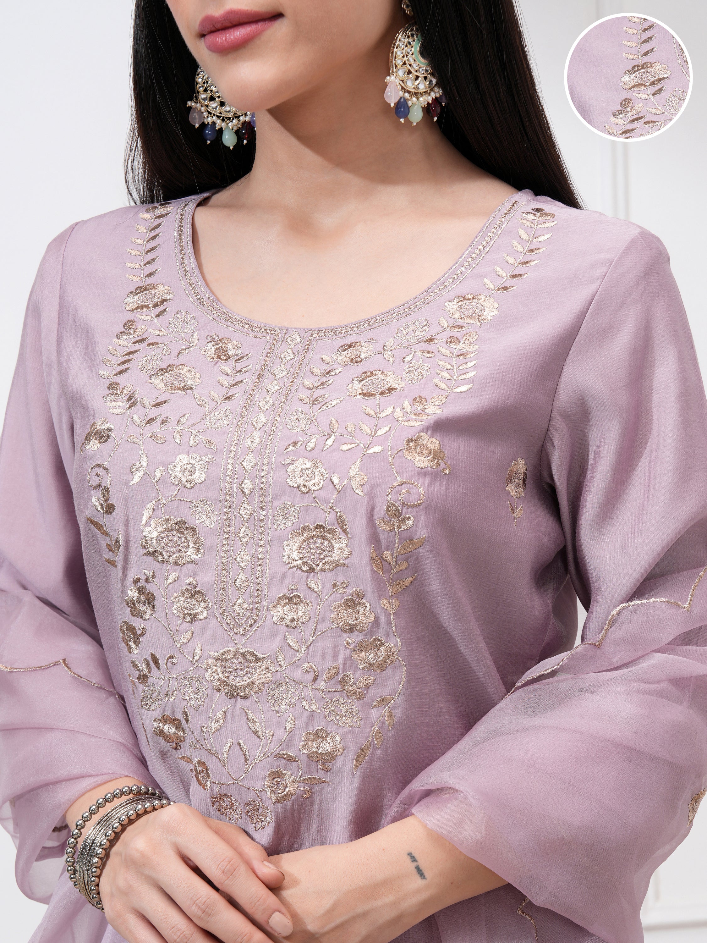Vishudh Women Mauve Embroidered Kurta With Trousers And Dupatta - Mauve - Image 5