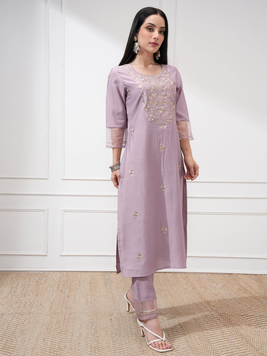 Vishudh Women Mauve Embroidered Kurta With Trousers And Dupatta - Mauve - Image 6