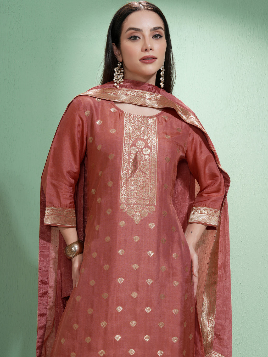 Vishudh Women Rust Printed Kurta With Trousers And Dupatta - Rust - Image 1