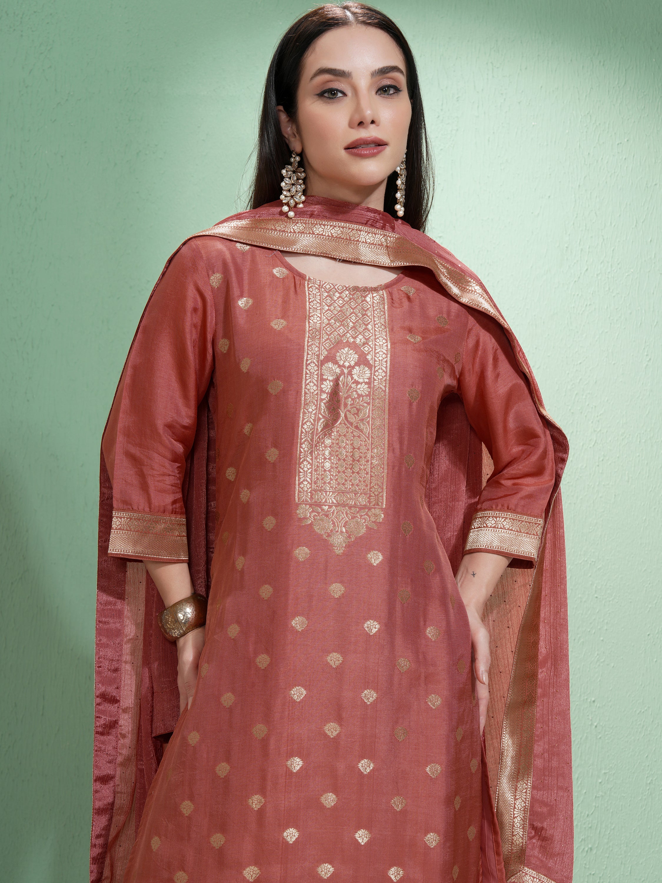 Vishudh Women Rust Printed Kurta With Trousers And Dupatta - Rust - Image 1