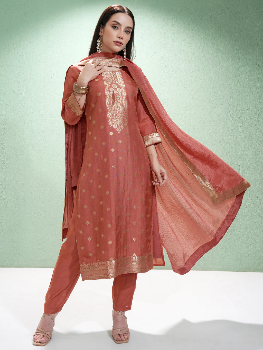 Vishudh Women Rust Printed Kurta With Trousers And Dupatta - Rust - Image 2