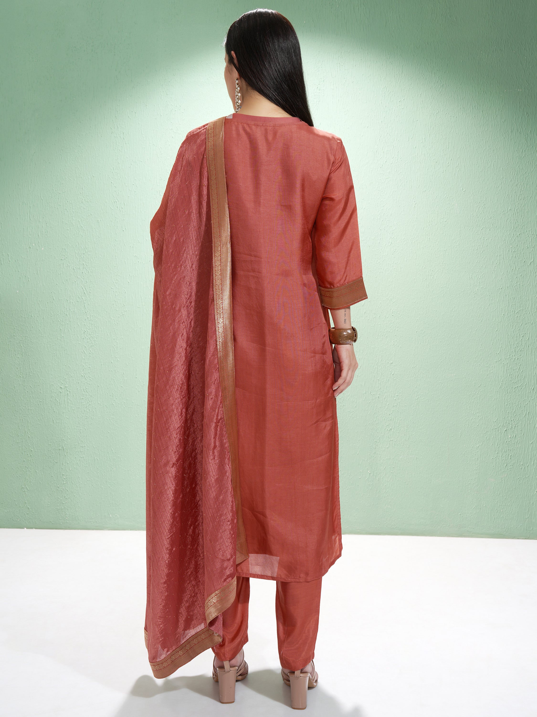 Vishudh Women Rust Printed Kurta With Trousers And Dupatta - Rust - Image 3