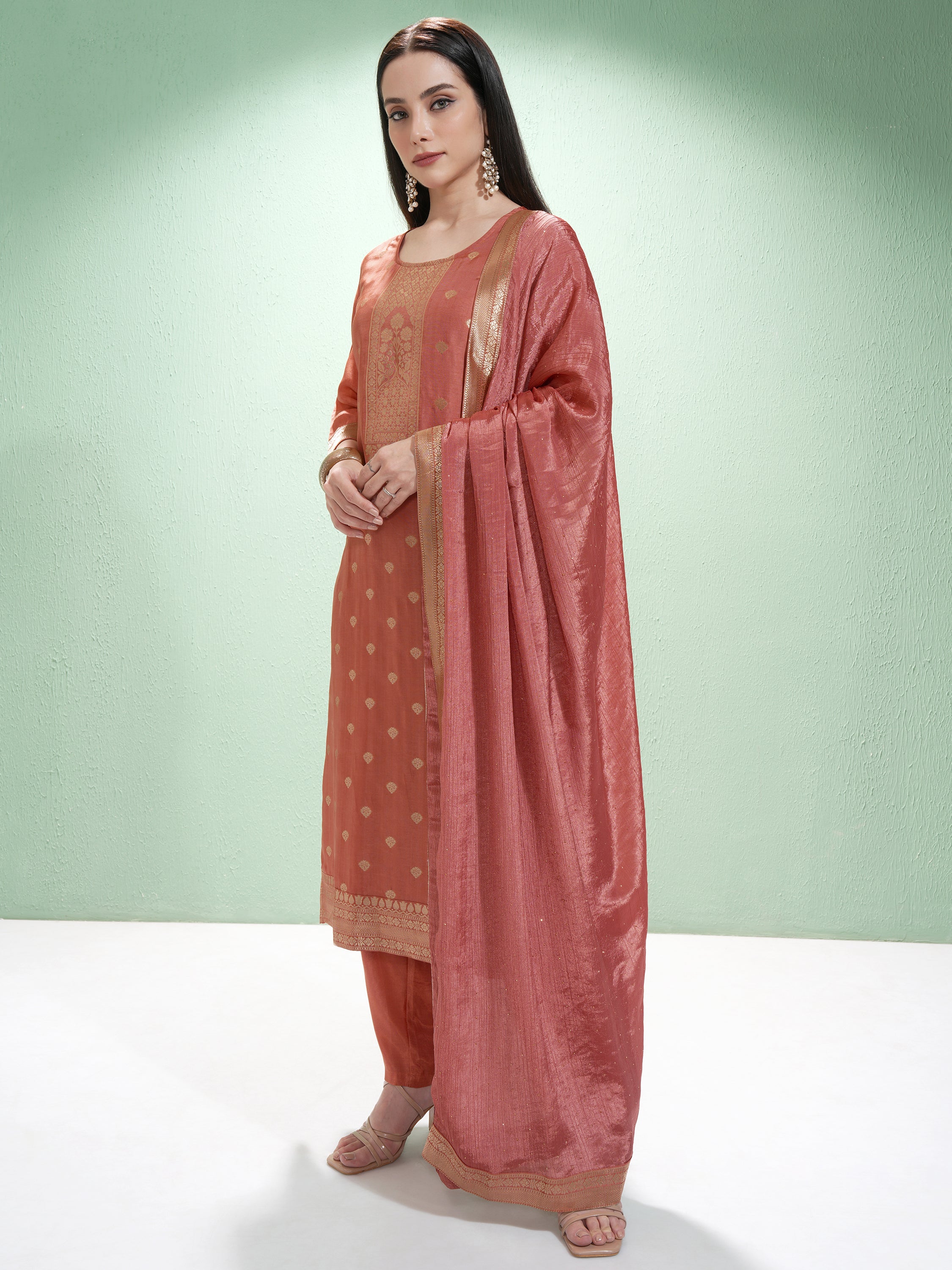 Vishudh Women Rust Printed Kurta With Trousers And Dupatta - Rust - Image 4