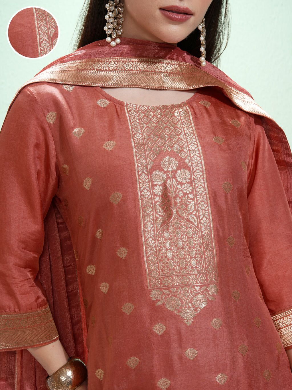 Vishudh Women Rust Printed Kurta With Trousers And Dupatta - Rust - Image 5