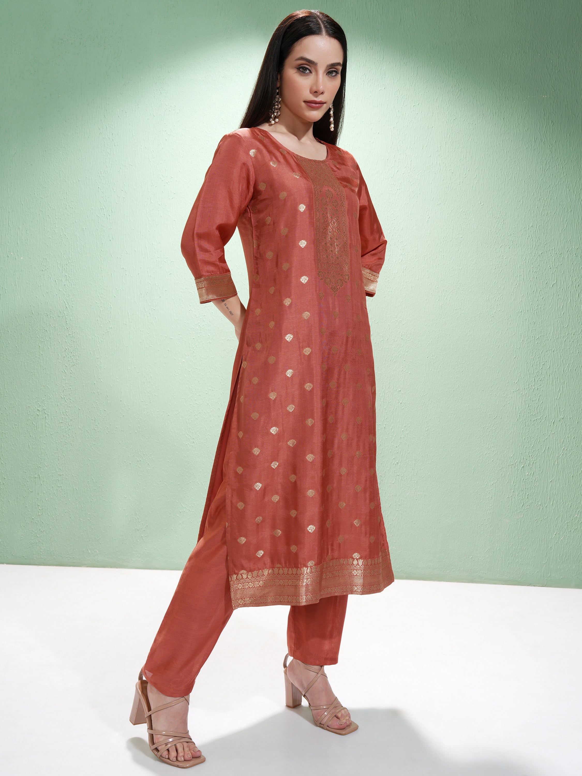 Vishudh Women Rust Printed Kurta With Trousers And Dupatta - Rust - Image 6