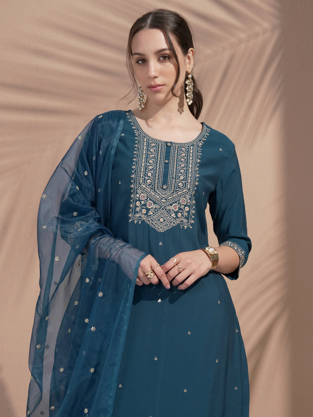 Vishudh Women Teal Embroidered Kurta With Trouser And Dupatta - Teal - Image 1