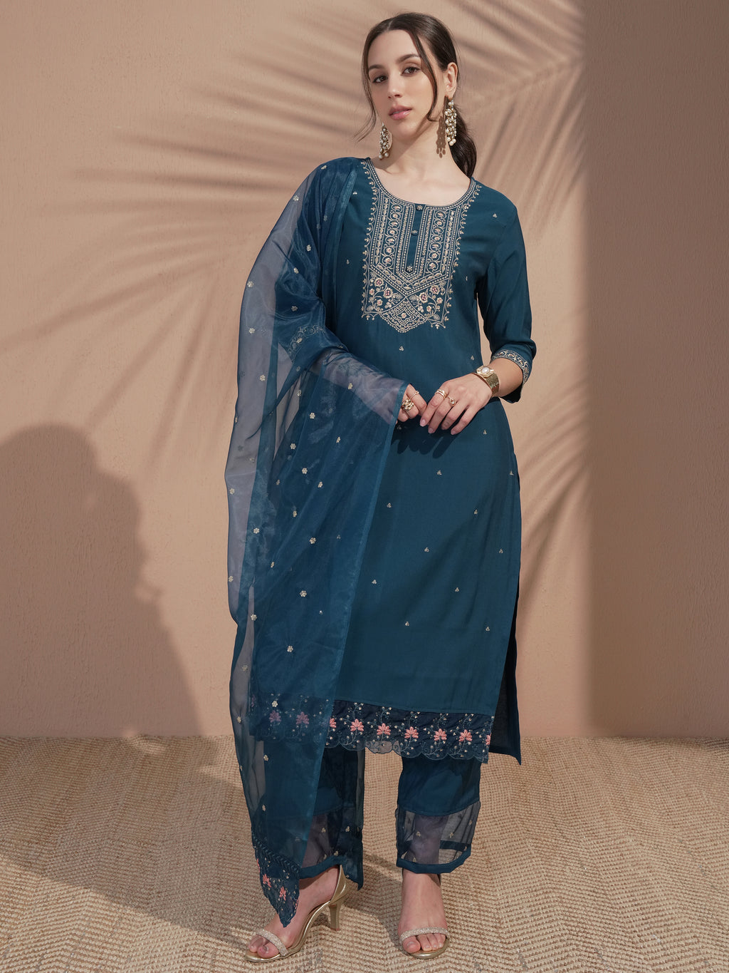Vishudh Women Teal Embroidered Kurta With Trouser And Dupatta - Teal - Image 2
