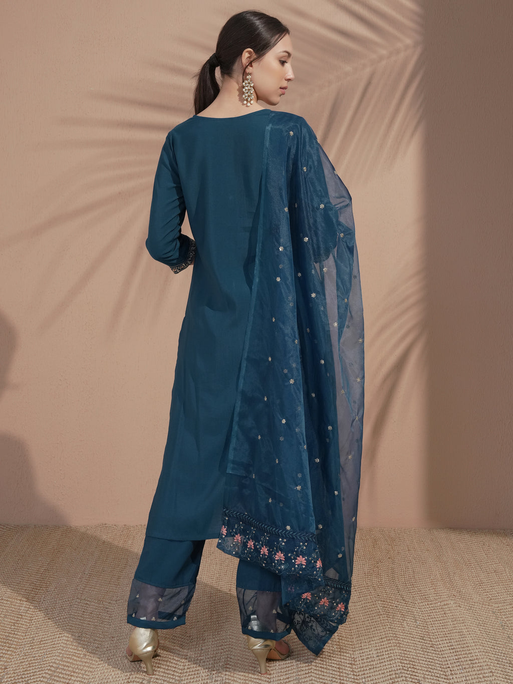 Vishudh Women Teal Embroidered Kurta With Trouser And Dupatta - Teal - Image 3