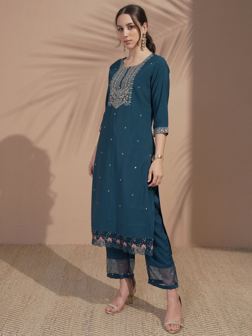 Vishudh Women Teal Embroidered Kurta With Trouser And Dupatta - Teal - Image 4