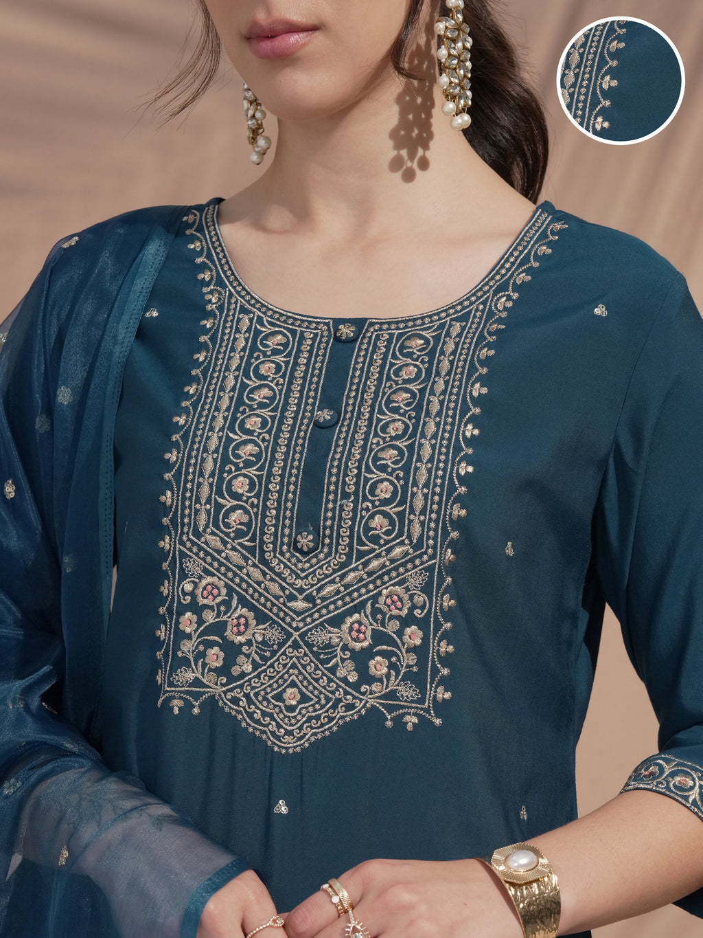 Vishudh Women Teal Embroidered Kurta With Trouser And Dupatta - Teal - Image 5