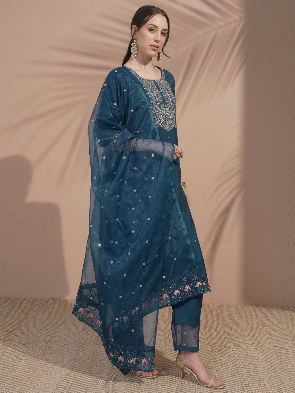 Vishudh Women Teal Embroidered Kurta With Trouser And Dupatta - Teal - Image 6