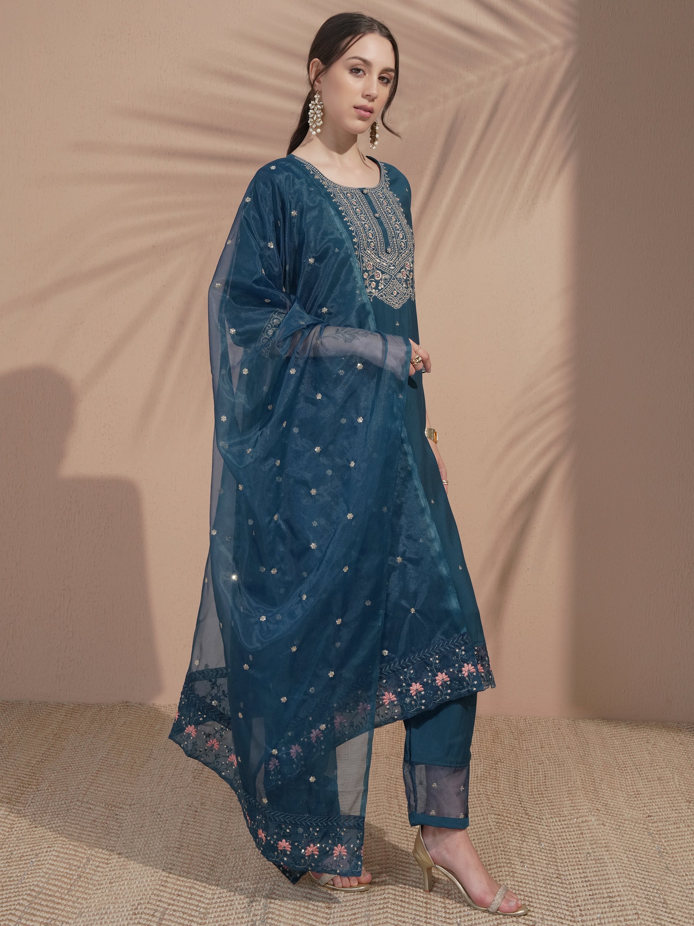 Vishudh Women Teal Embroidered Kurta With Trouser And Dupatta - Teal - Image 6