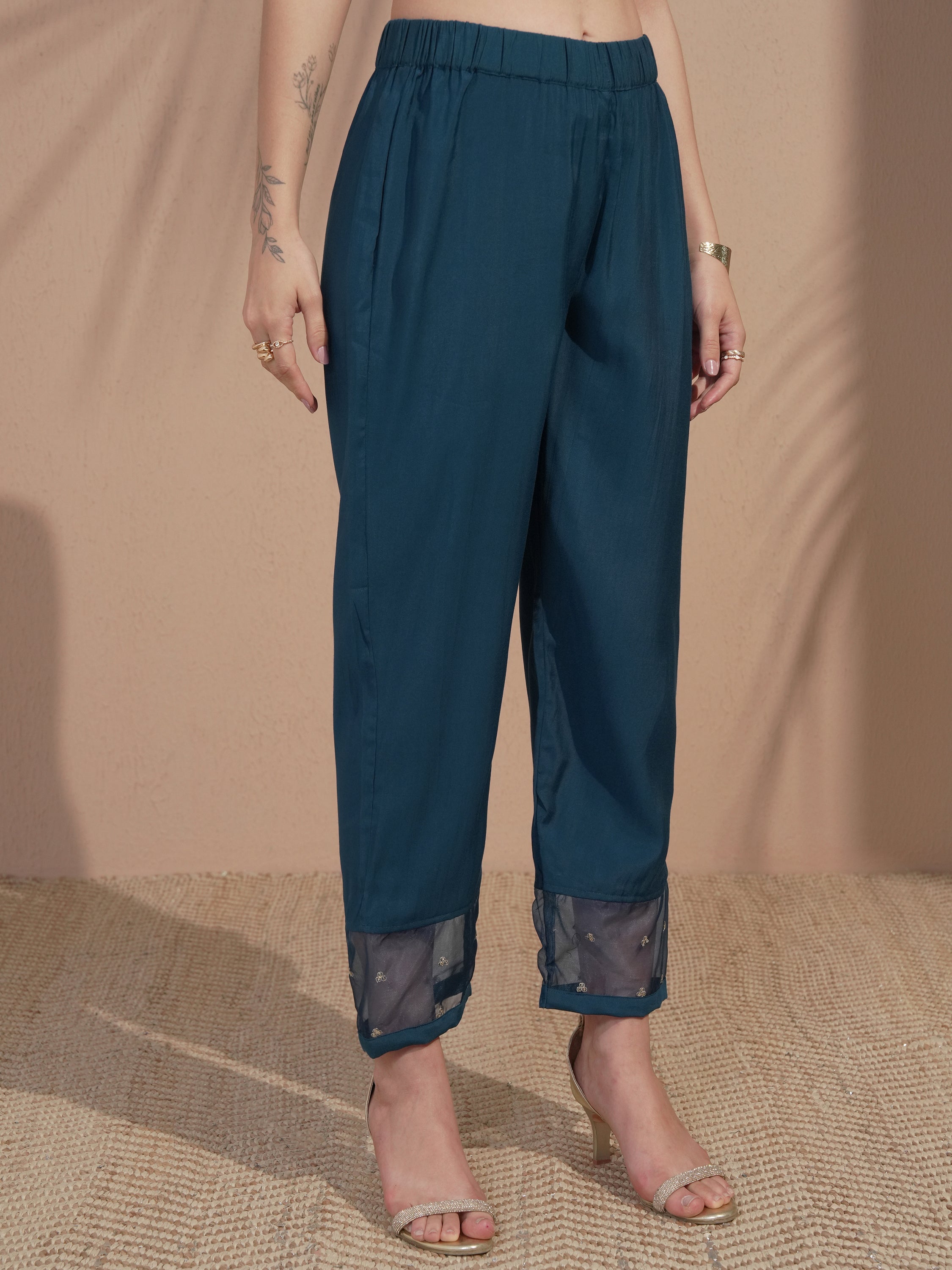 Vishudh Women Teal Embroidered Kurta With Trouser And Dupatta - Teal - Image 7