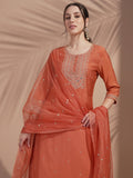 Vishudh Women Rust Embroidered Kurta With Trouser And Dupatta - Rust - Image 1