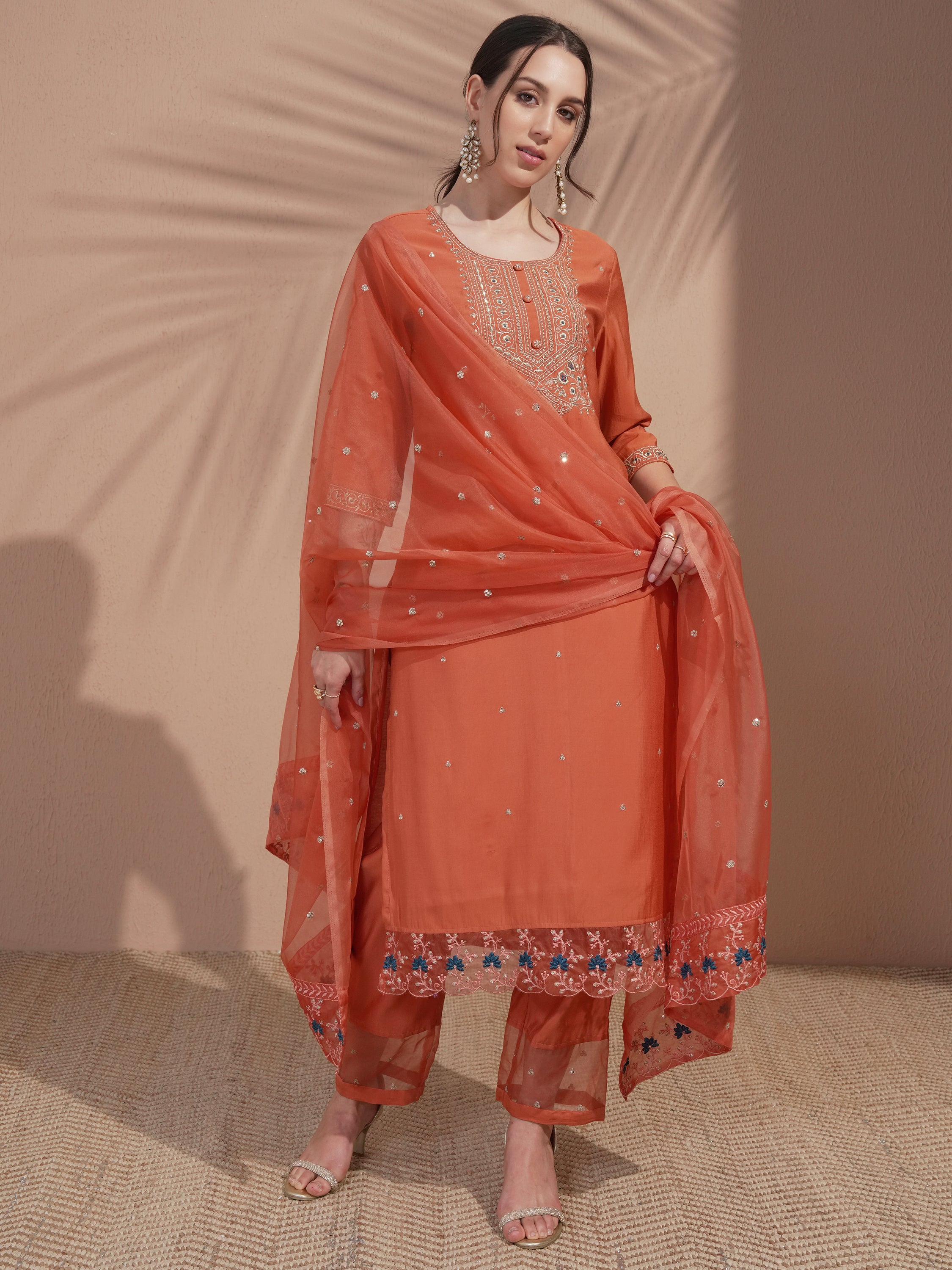 Vishudh Women Rust Embroidered Kurta With Trouser And Dupatta - Rust - Image 2