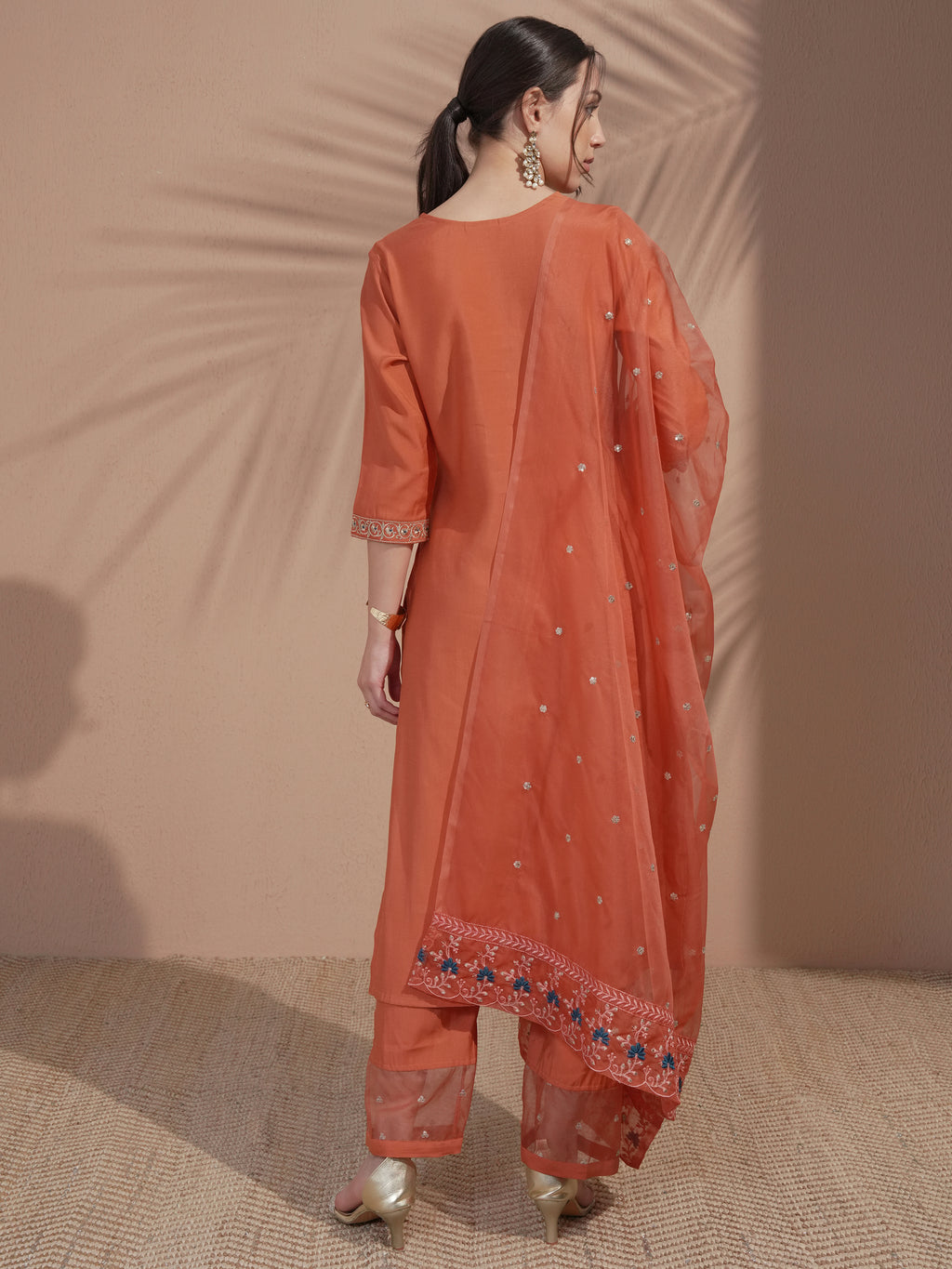 Vishudh Women Rust Embroidered Kurta With Trouser And Dupatta - Rust - Image 3