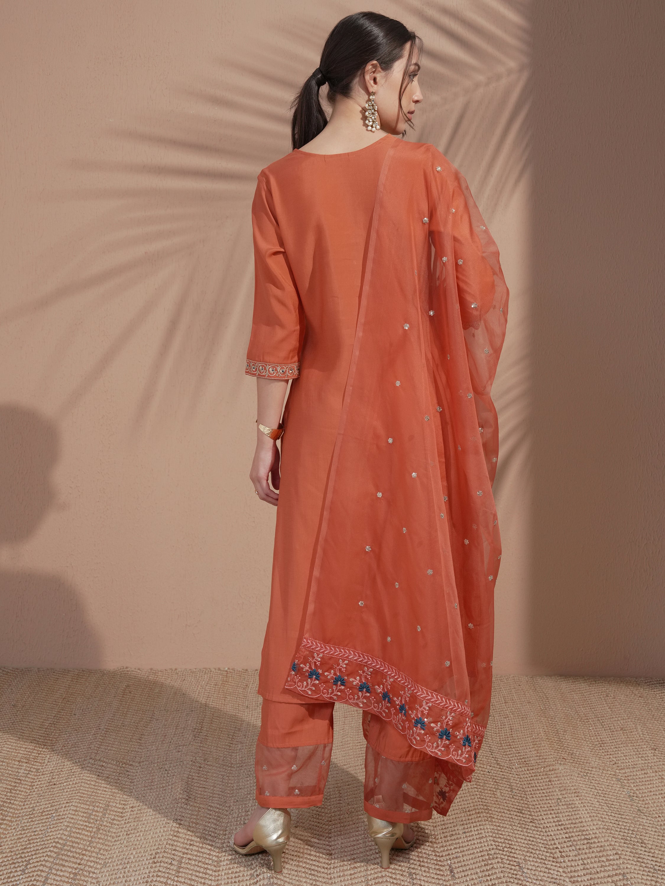 Vishudh Women Rust Embroidered Kurta With Trouser And Dupatta - Rust - Image 3