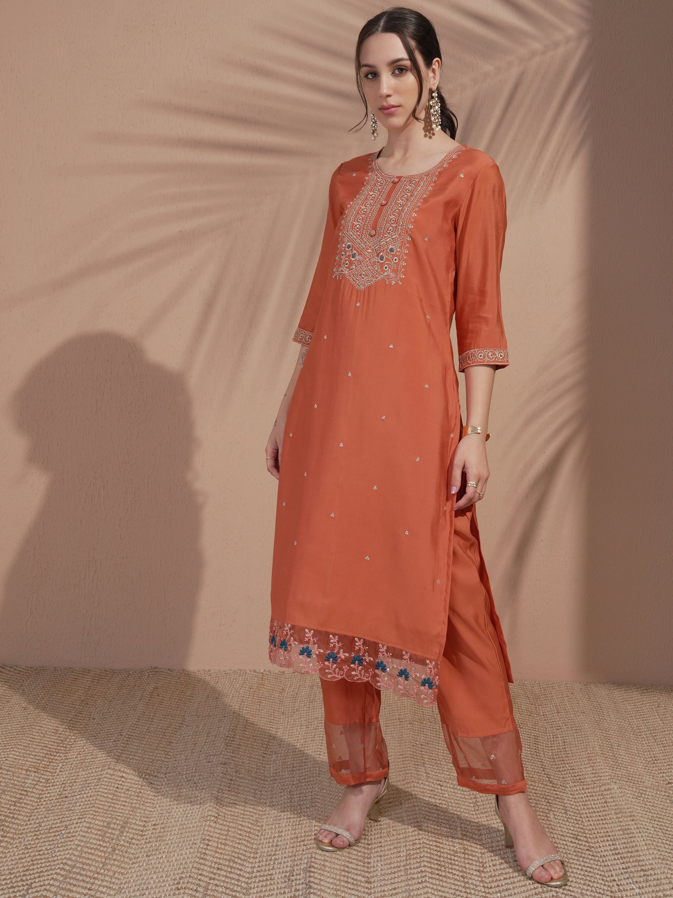 Vishudh Women Rust Embroidered Kurta With Trouser And Dupatta - Rust - Image 4