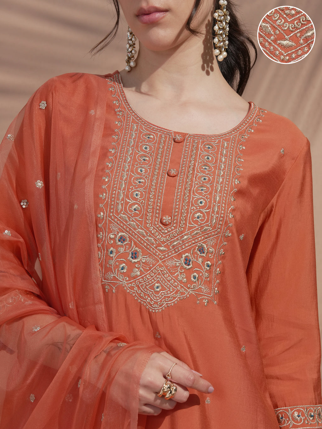 Vishudh Women Rust Embroidered Kurta With Trouser And Dupatta - Rust - Image 5