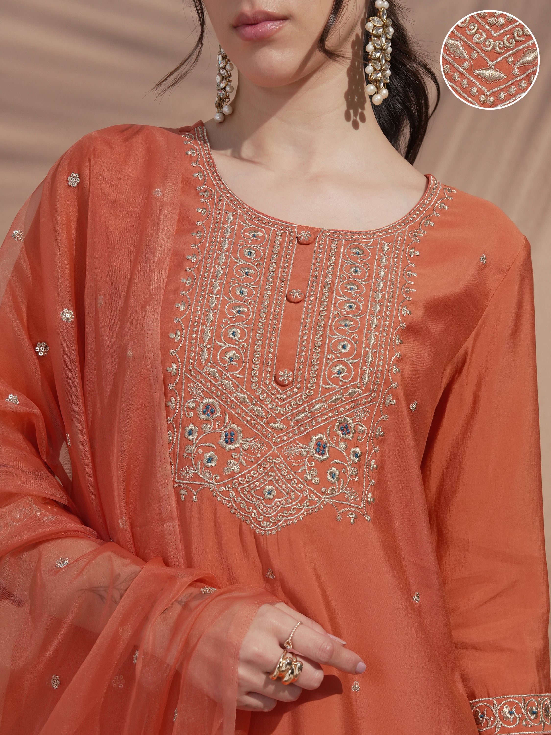 Vishudh Women Rust Embroidered Kurta With Trouser And Dupatta - Rust - Image 5