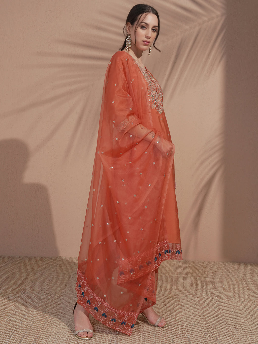 Vishudh Women Rust Embroidered Kurta With Trouser And Dupatta - Rust - Image 6