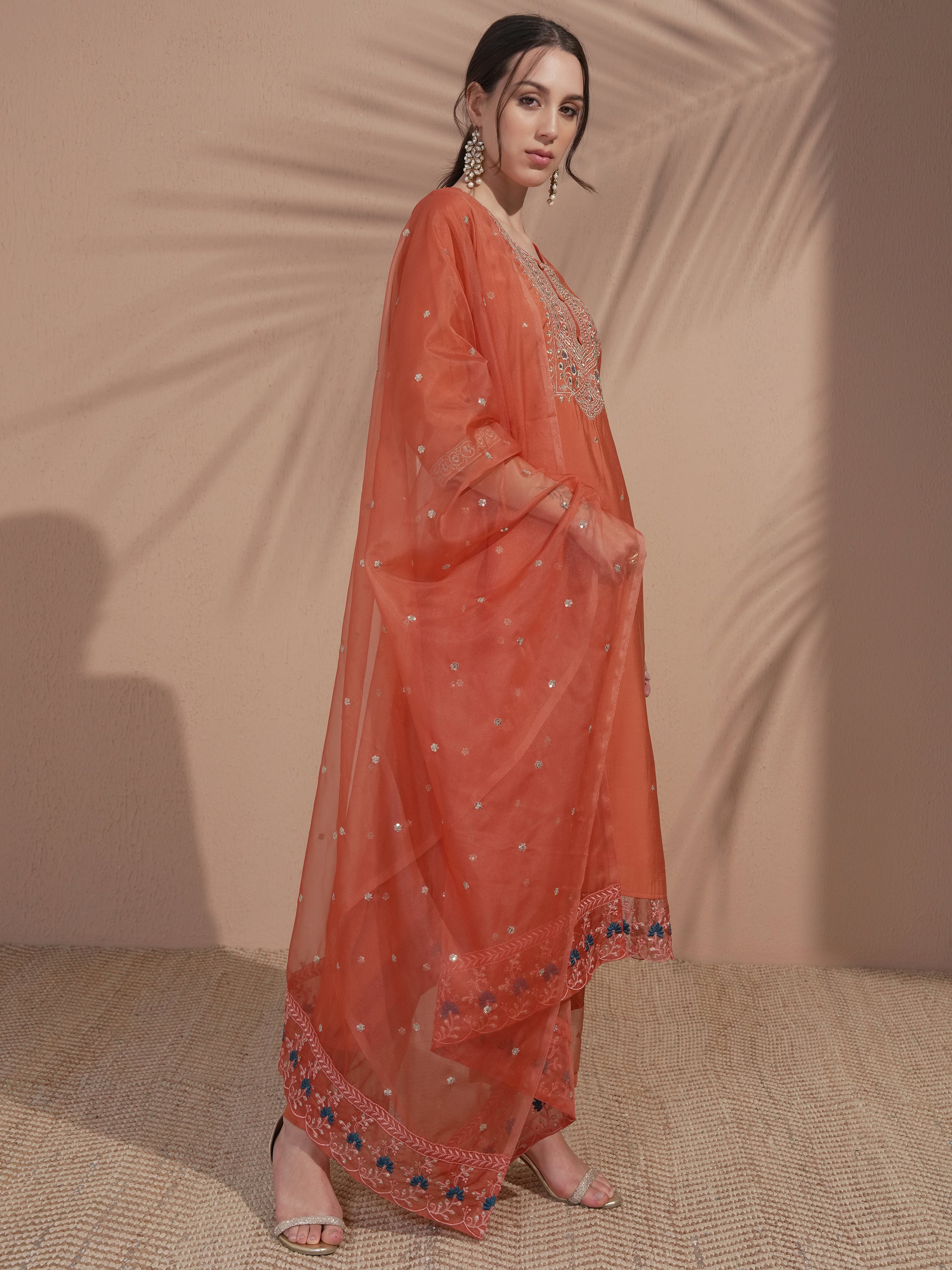 Vishudh Women Rust Embroidered Kurta With Trouser And Dupatta - Rust - Image 6