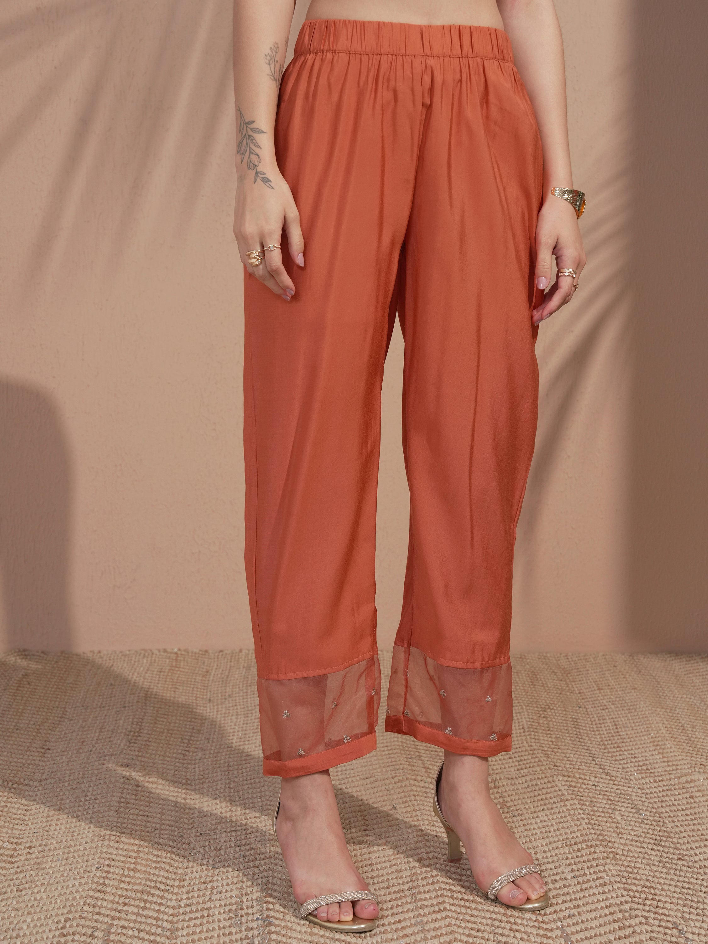 Vishudh Women Rust Embroidered Kurta With Trouser And Dupatta - Rust - Image 8