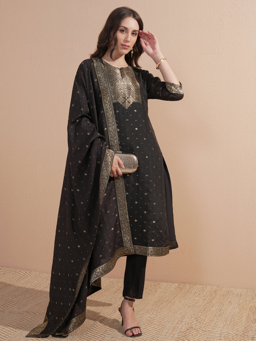 Vishudh Women Black Printed Kurta With Trouser And Dupatta - Black - Image 1