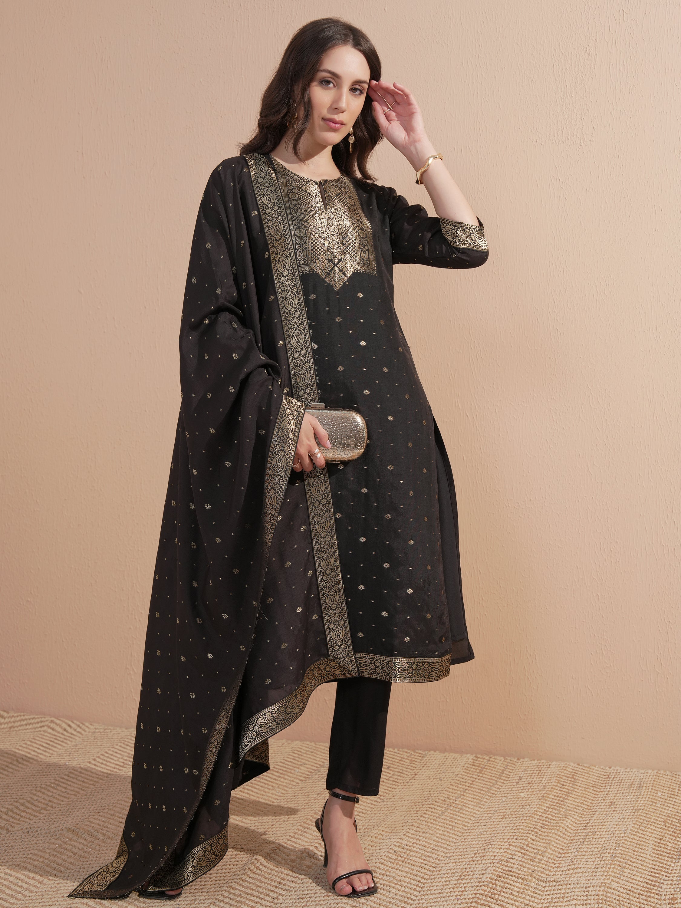 Vishudh Women Black Printed Kurta With Trouser And Dupatta - Black - Image 1