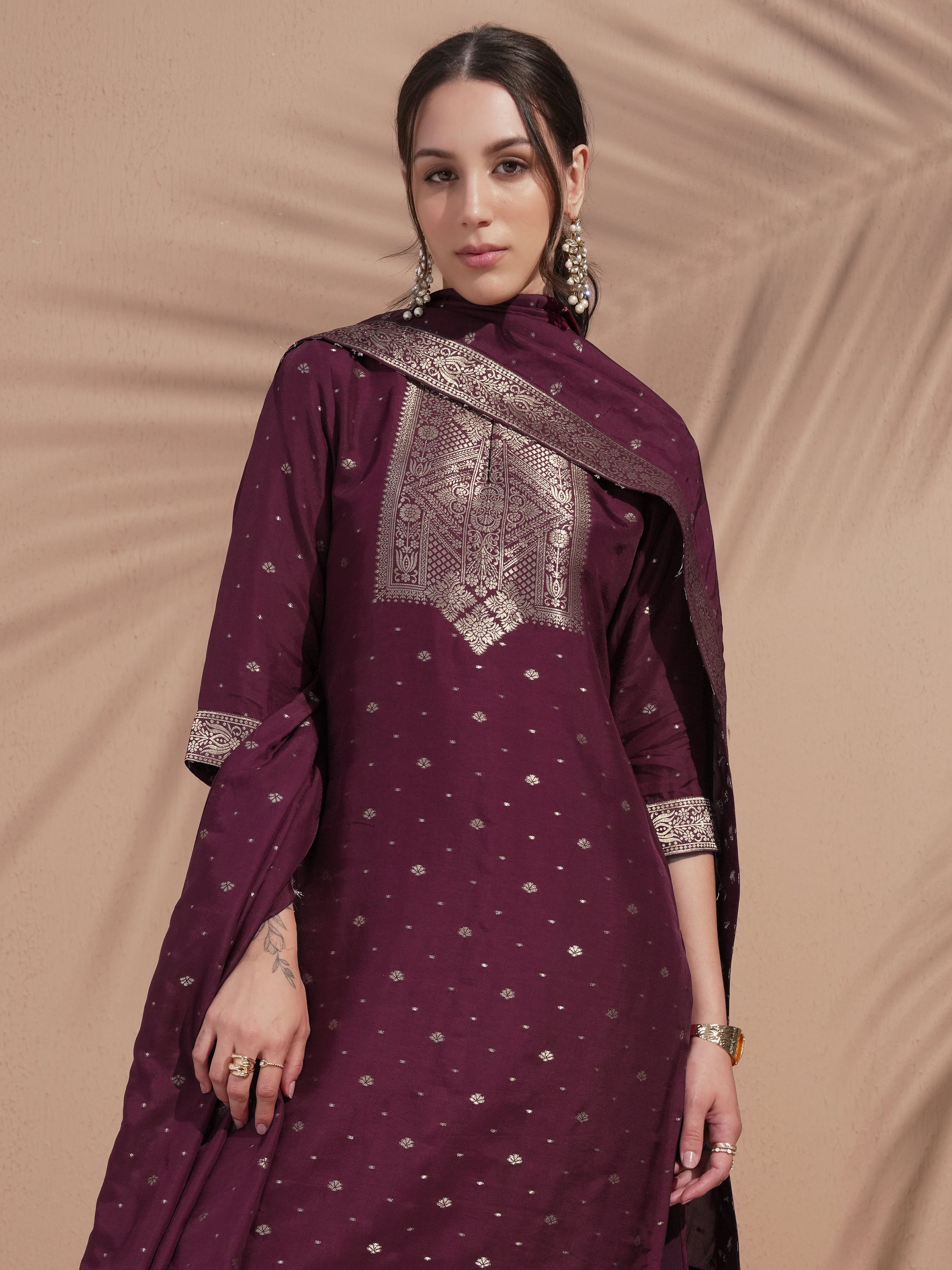 Vishudh Women Burgundy Printed Kurta With Trouser And Dupatta - Burgundy - Image 1