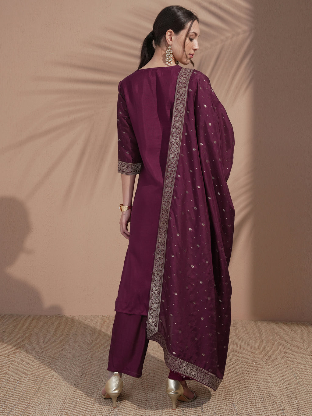 Vishudh Women Burgundy Printed Kurta With Trouser And Dupatta - Burgundy - Image 3
