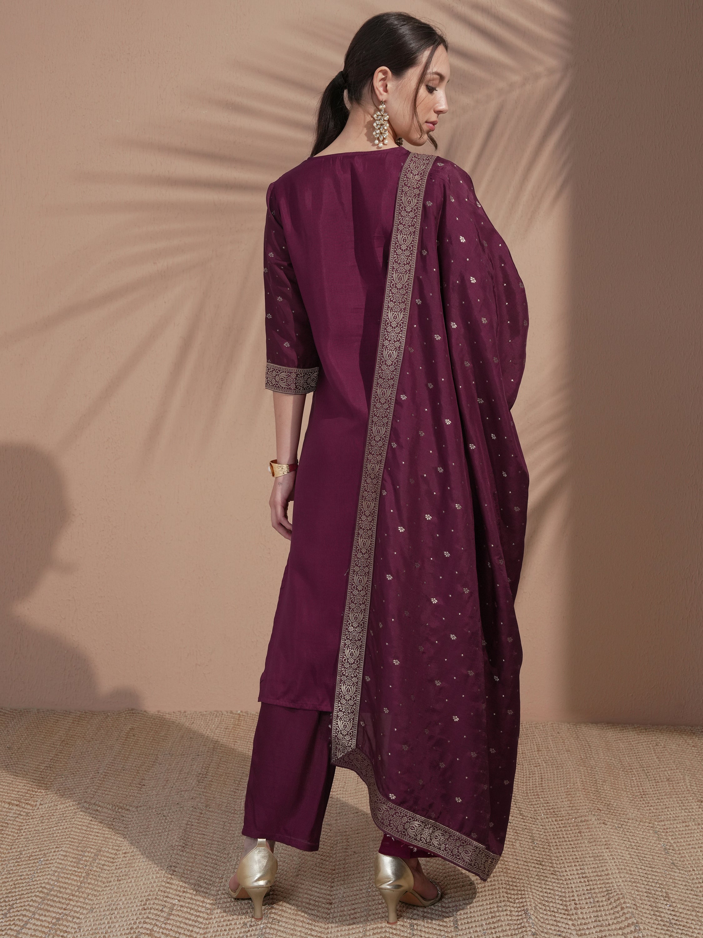 Vishudh Women Burgundy Printed Kurta With Trouser And Dupatta - Burgundy - Image 3