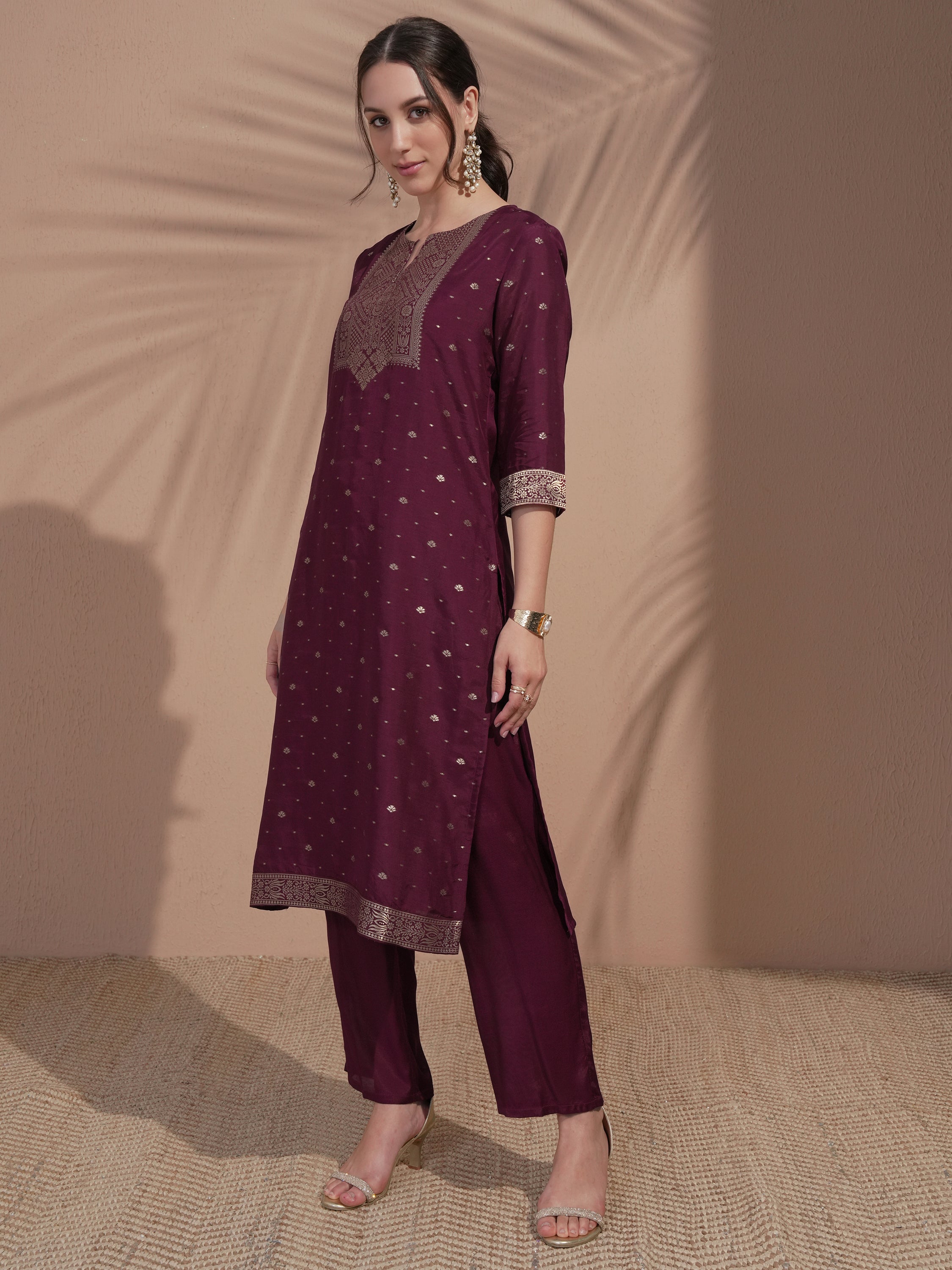 Vishudh Women Burgundy Printed Kurta With Trouser And Dupatta - Burgundy - Image 4