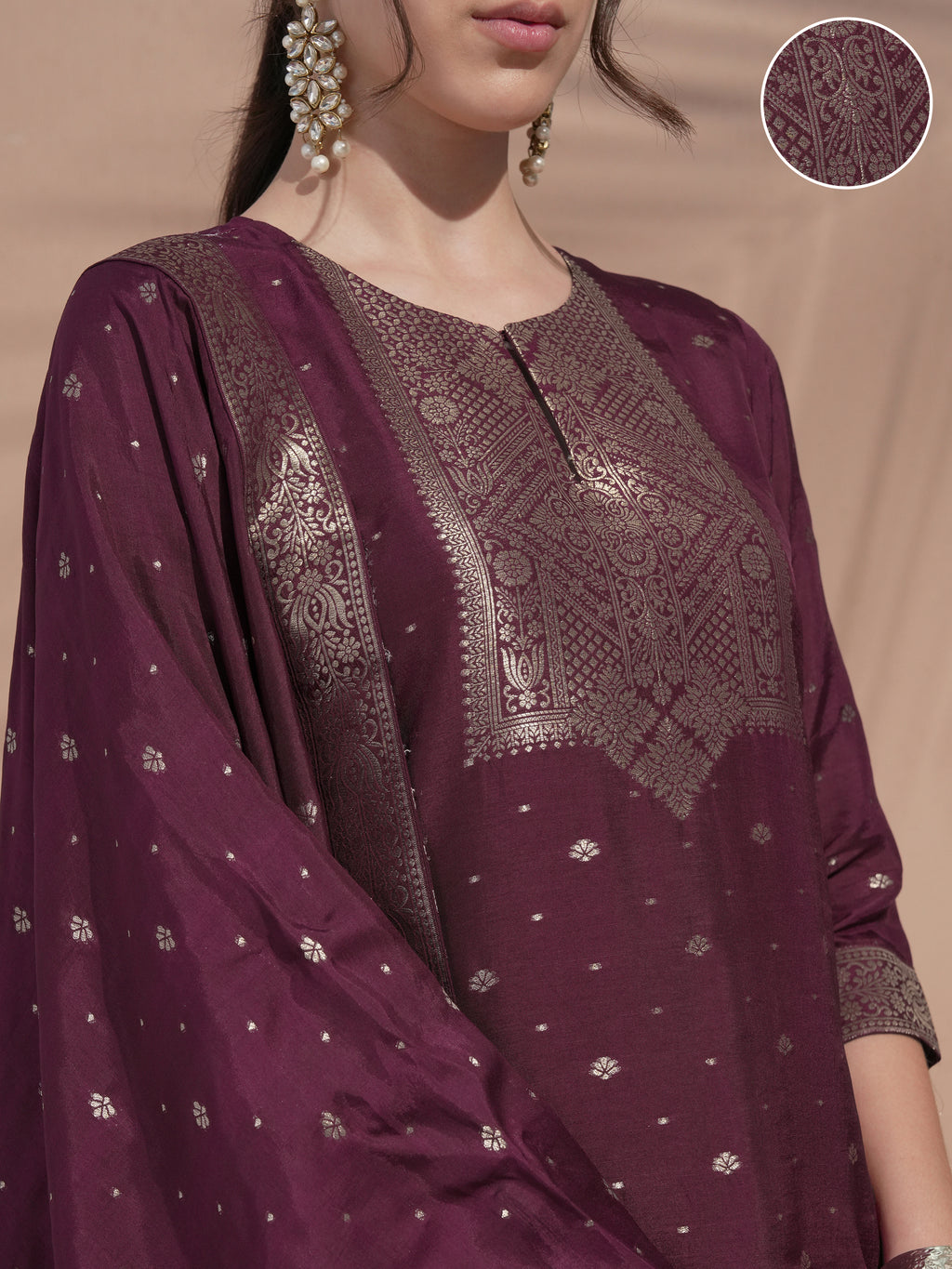 Vishudh Women Burgundy Printed Kurta With Trouser And Dupatta - Burgundy - Image 5