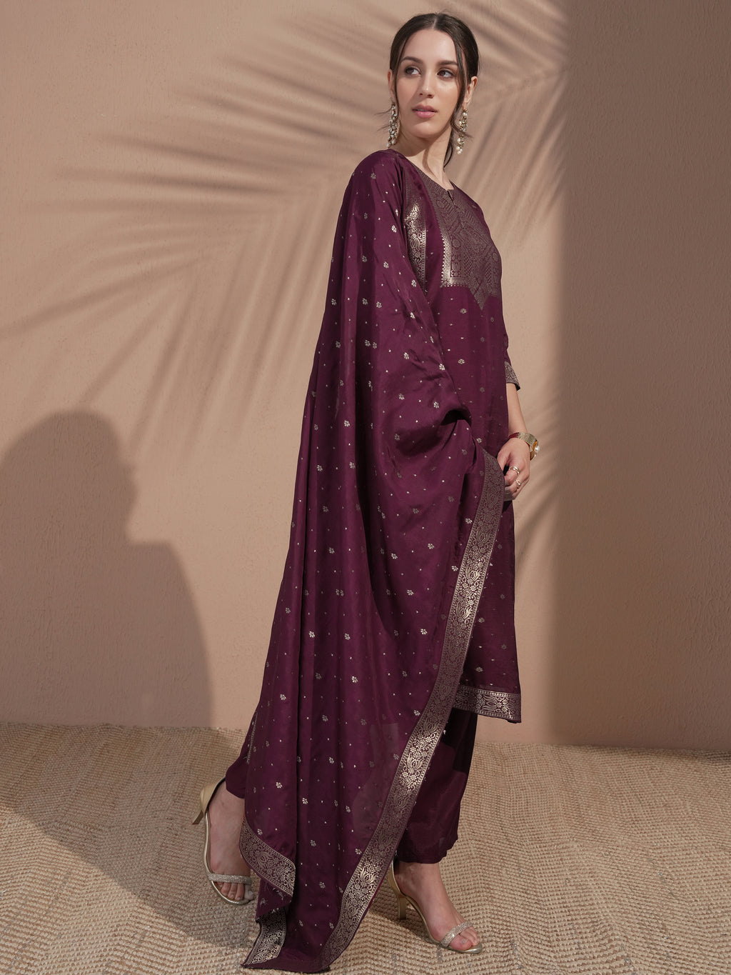 Vishudh Women Burgundy Printed Kurta With Trouser And Dupatta - Burgundy - Image 6