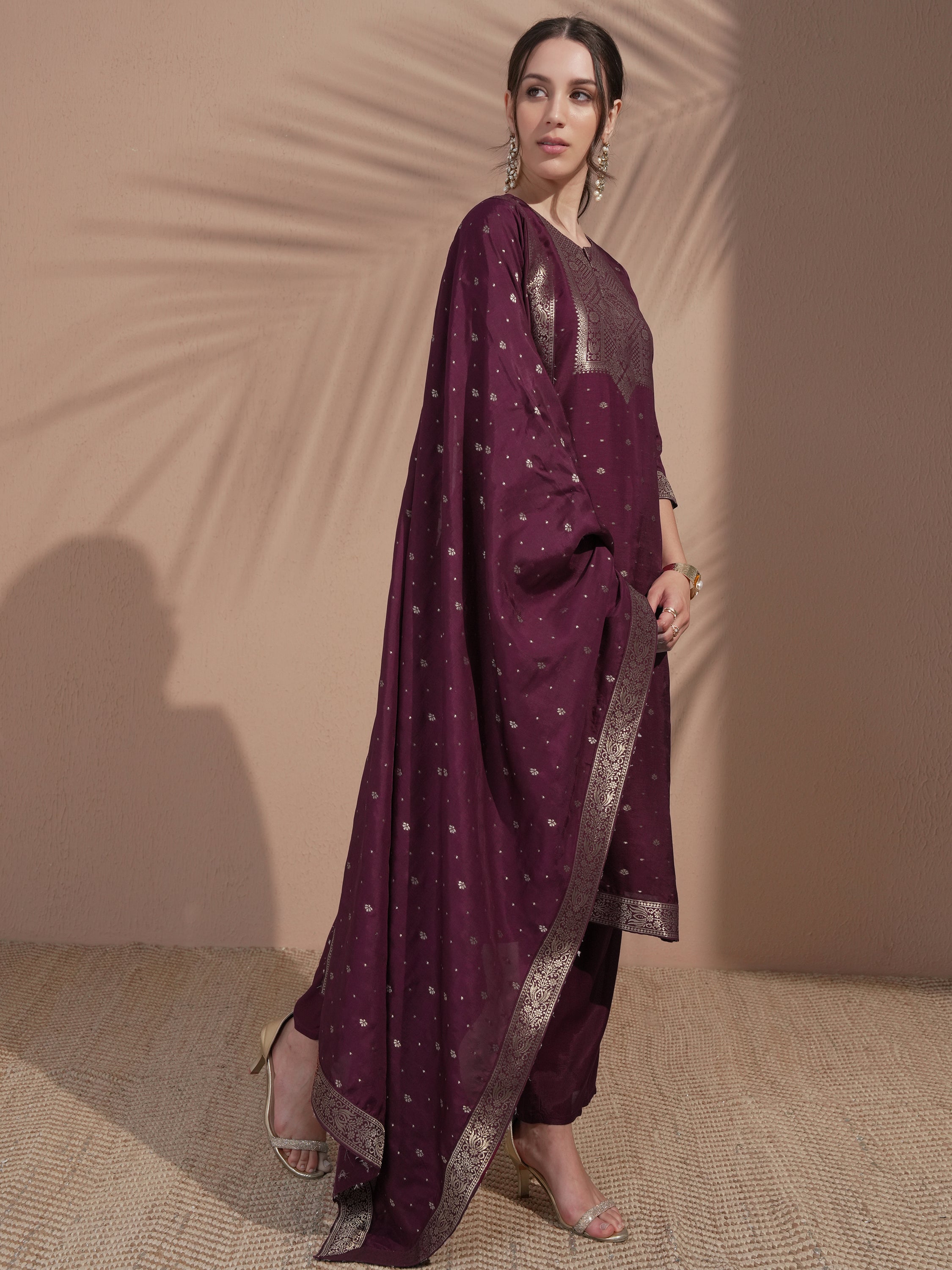 Vishudh Women Burgundy Printed Kurta With Trouser And Dupatta - Burgundy - Image 6