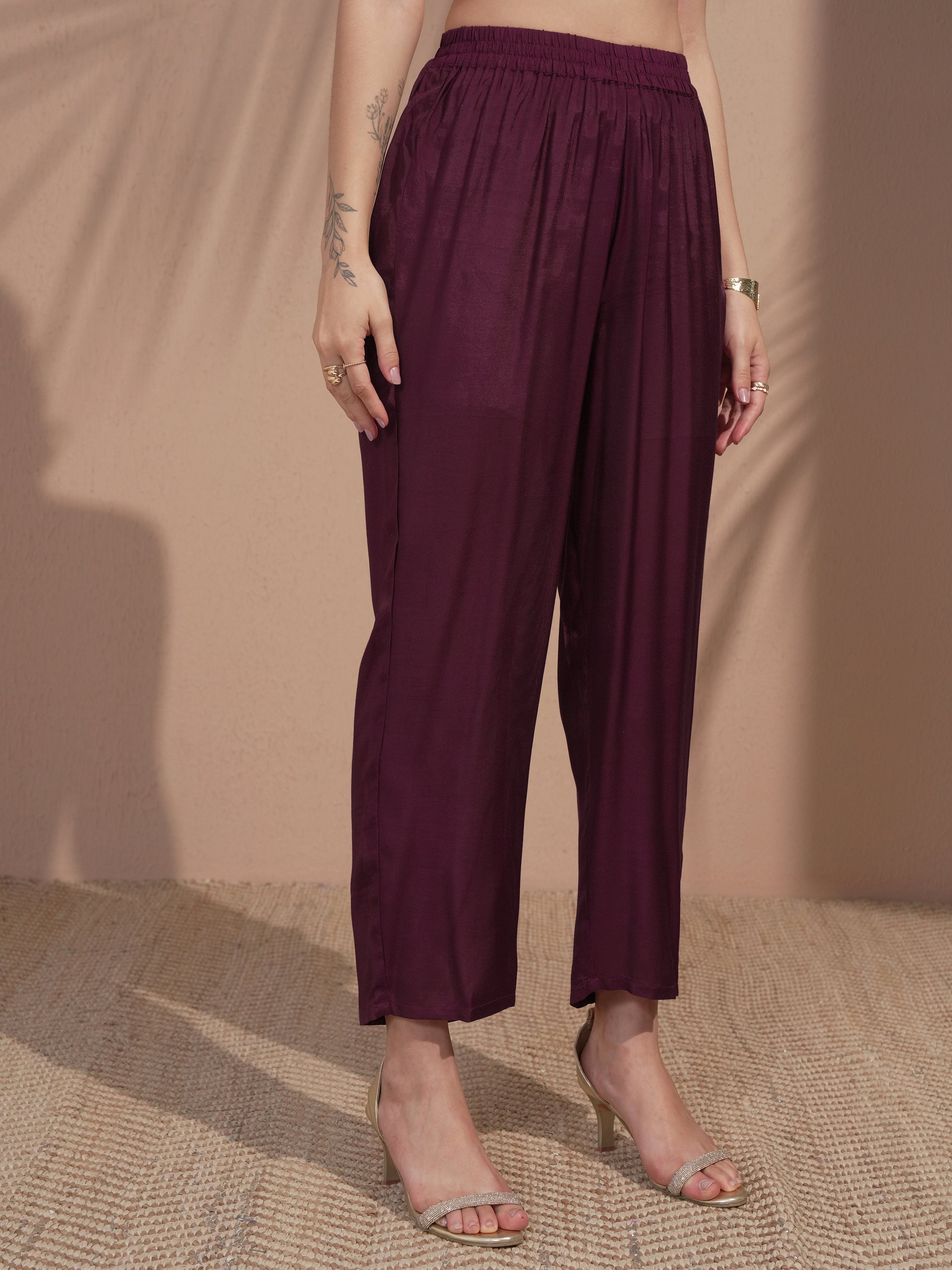 Vishudh Women Burgundy Printed Kurta With Trouser And Dupatta - Burgundy - Image 8