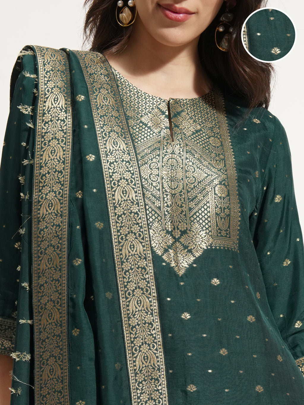 Vishudh Women Green Printed Kurta With Trouser And Dupatta - Green - Image 5