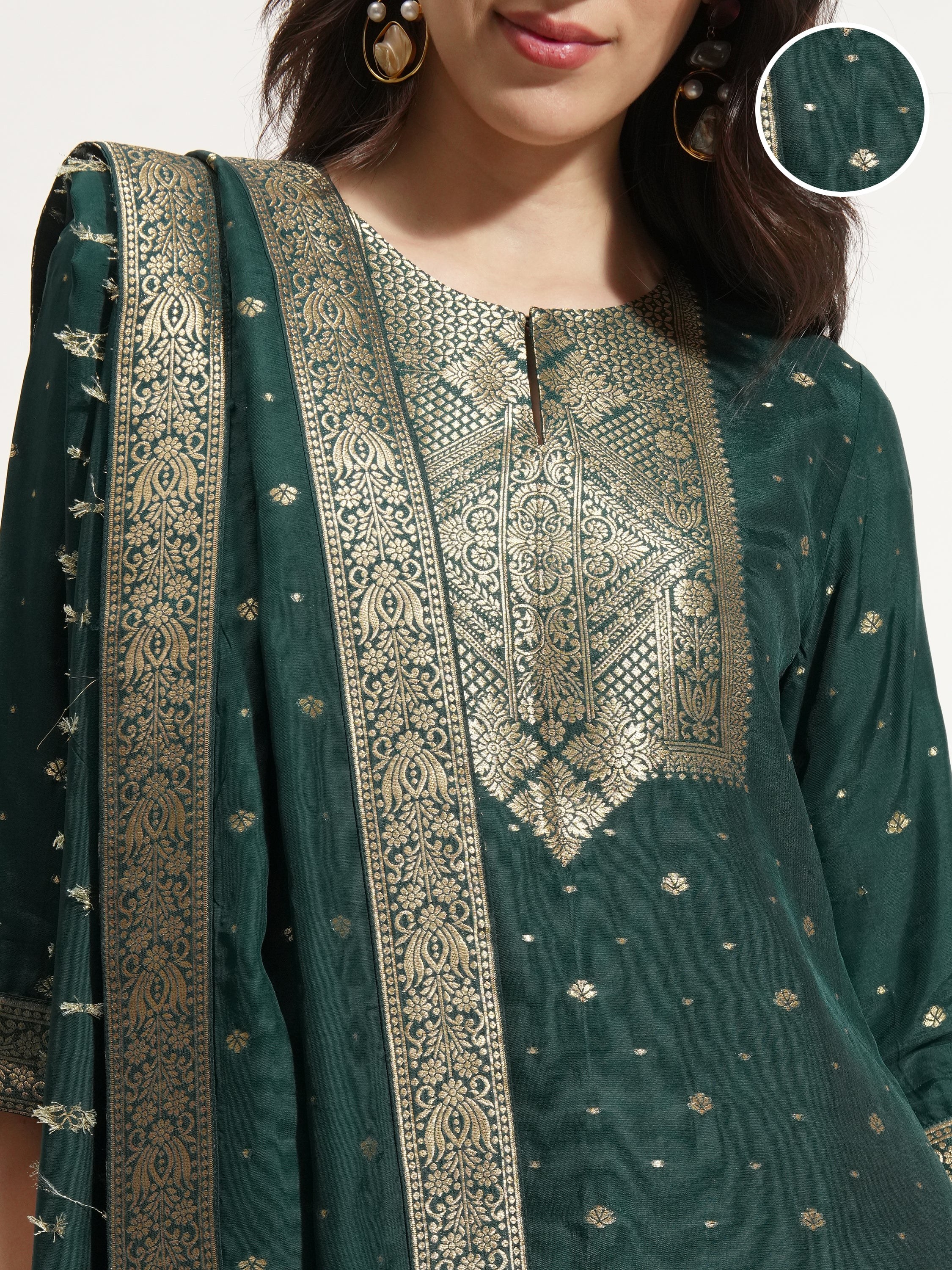 Vishudh Women Green Printed Kurta With Trouser And Dupatta - Green - Image 5