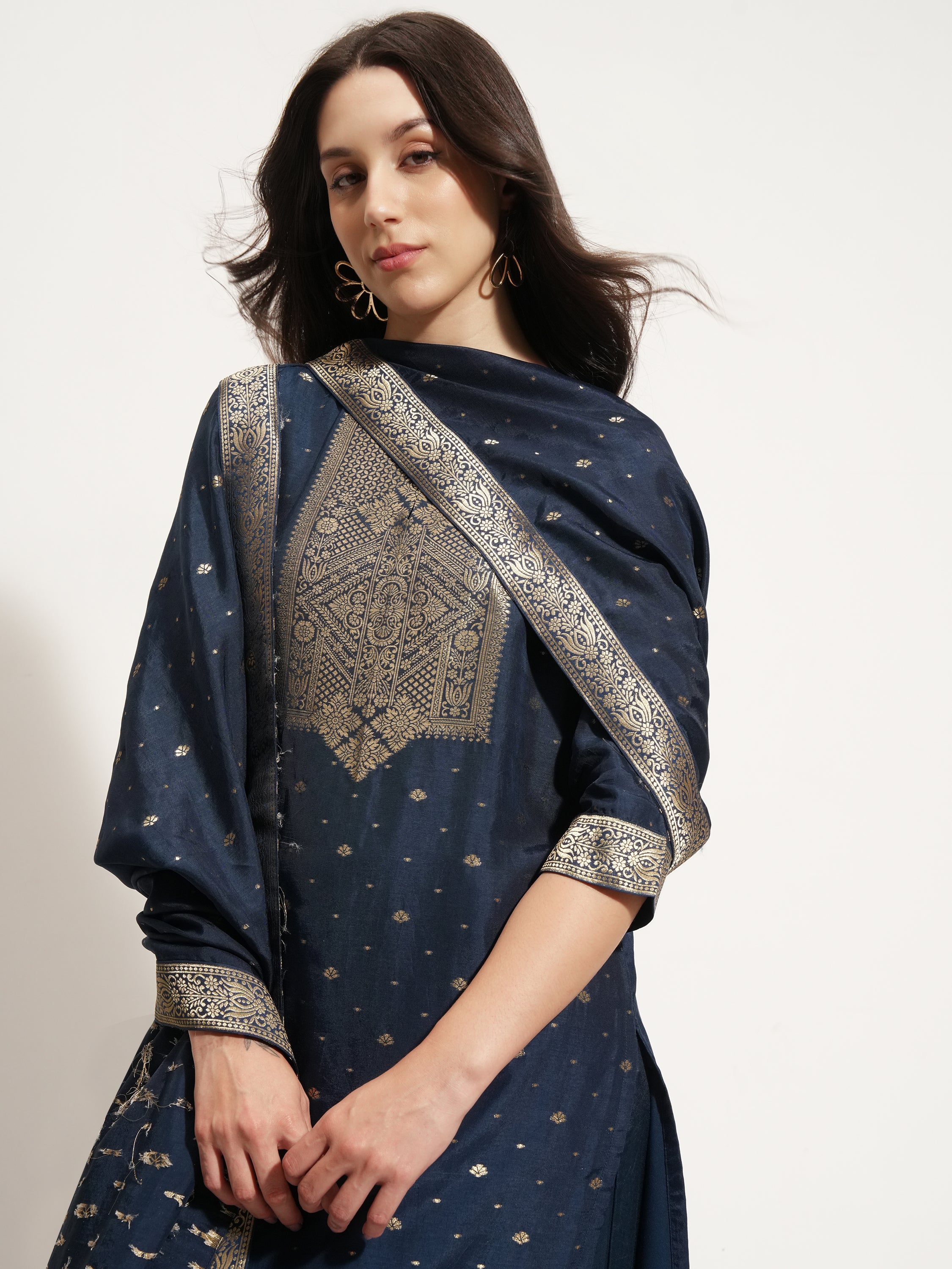 Vishudh Women Navy Blue Printed Kurta With Trouser And Dupatta - Navy Blue - Image 1