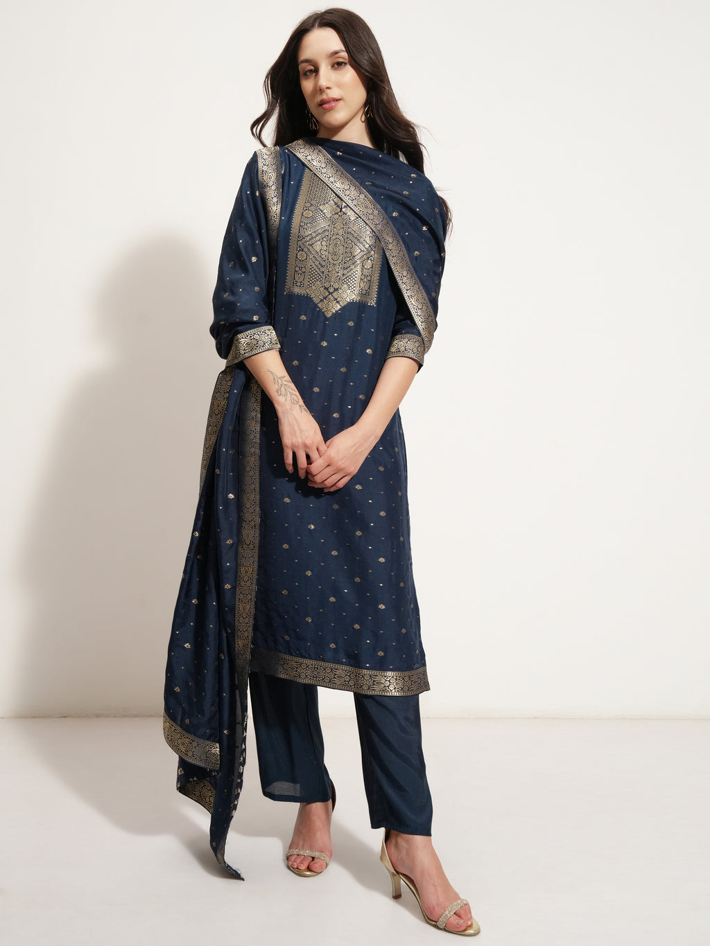 Vishudh Women Navy Blue Printed Kurta With Trouser And Dupatta - Navy Blue - Image 2
