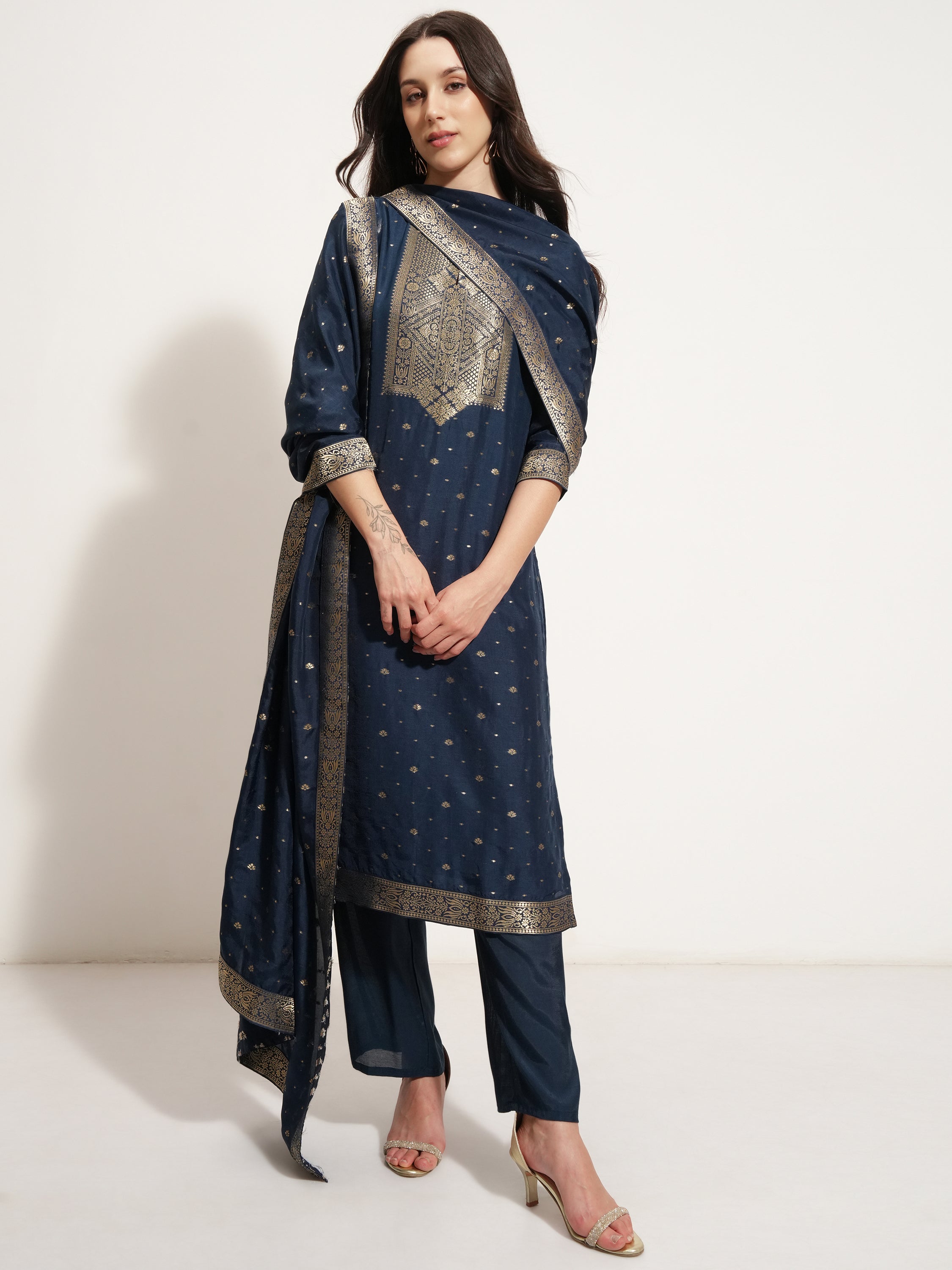 Vishudh Women Navy Blue Printed Kurta With Trouser And Dupatta - Navy Blue - Image 2