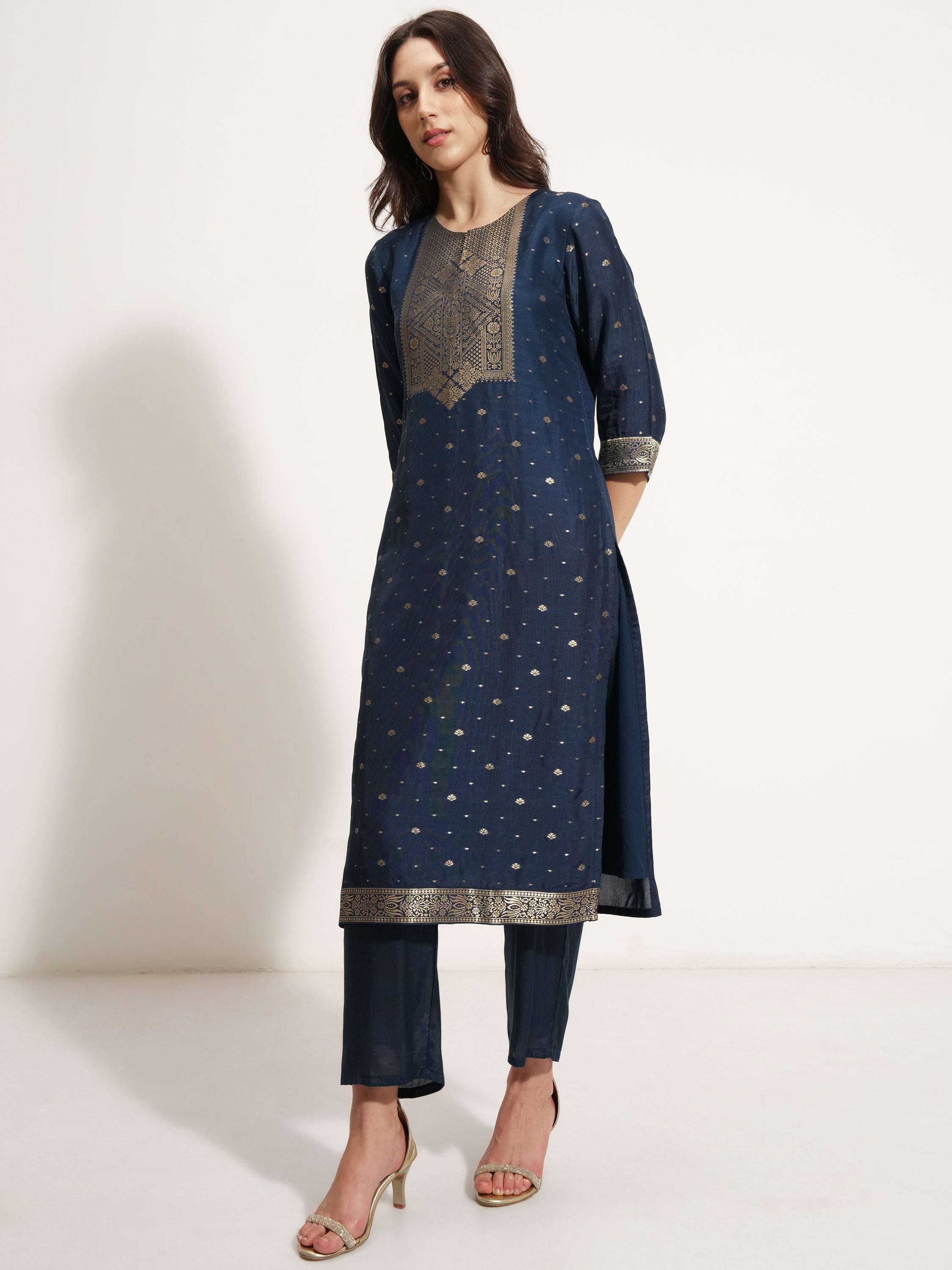 Vishudh Women Navy Blue Printed Kurta With Trouser And Dupatta - Navy Blue - Image 4