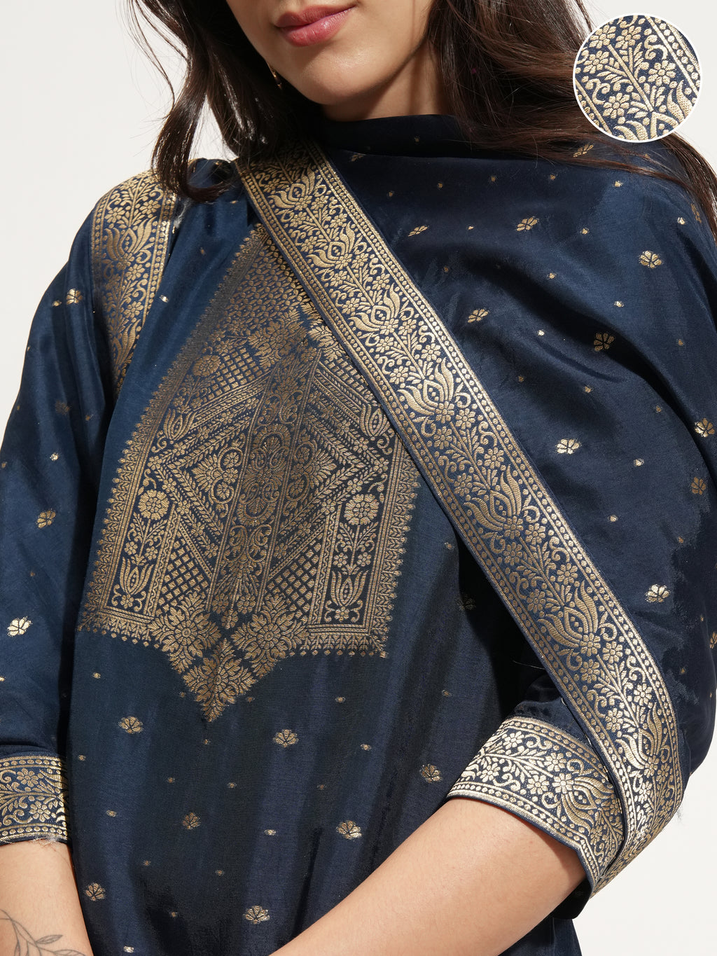 Vishudh Women Navy Blue Printed Kurta With Trouser And Dupatta - Navy Blue - Image 5
