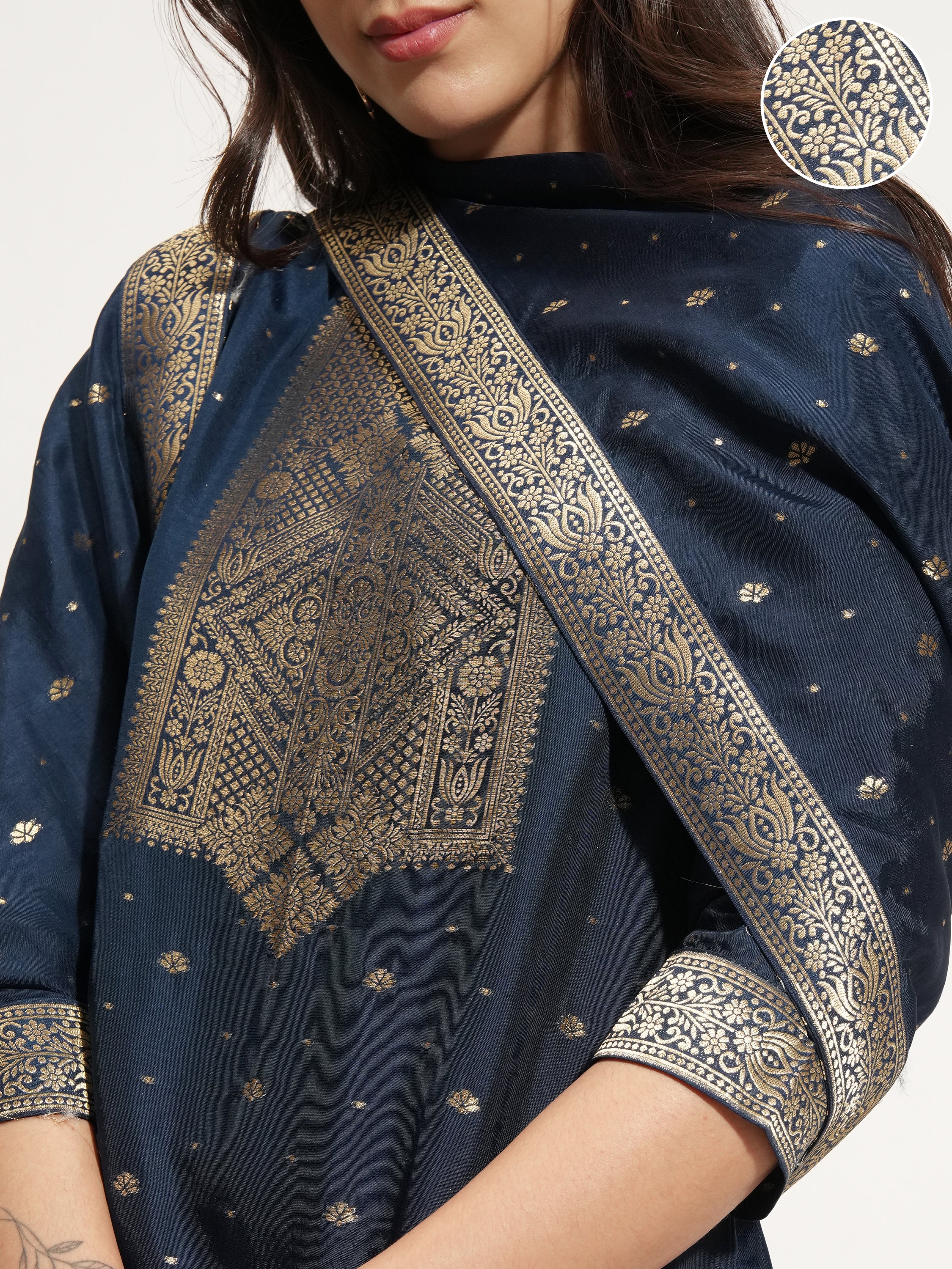 Vishudh Women Navy Blue Printed Kurta With Trouser And Dupatta - Navy Blue - Image 5