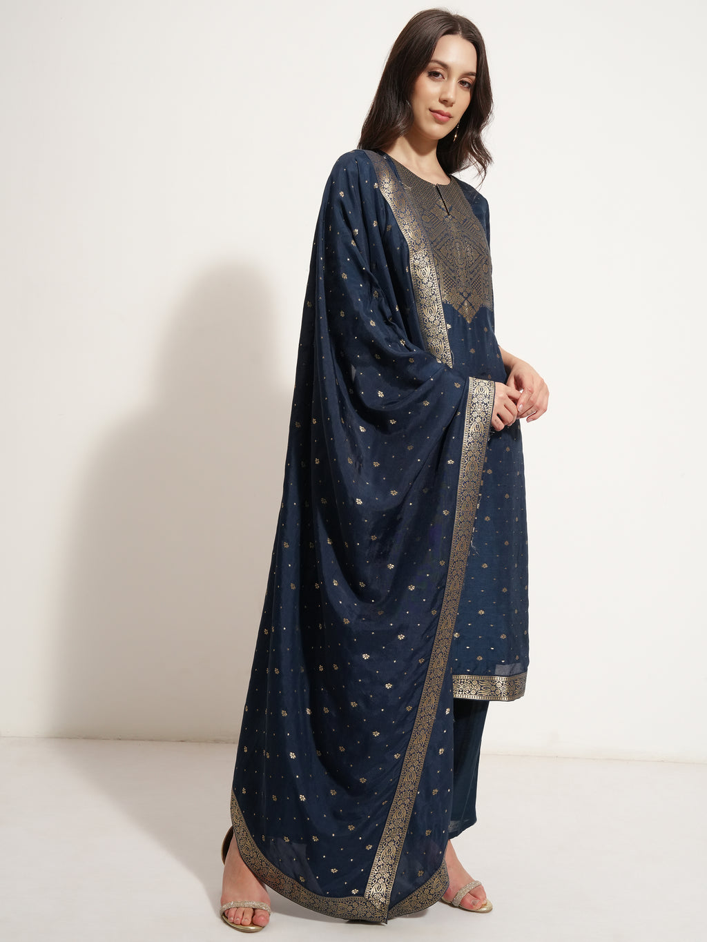 Vishudh Women Navy Blue Printed Kurta With Trouser And Dupatta - Navy Blue - Image 6