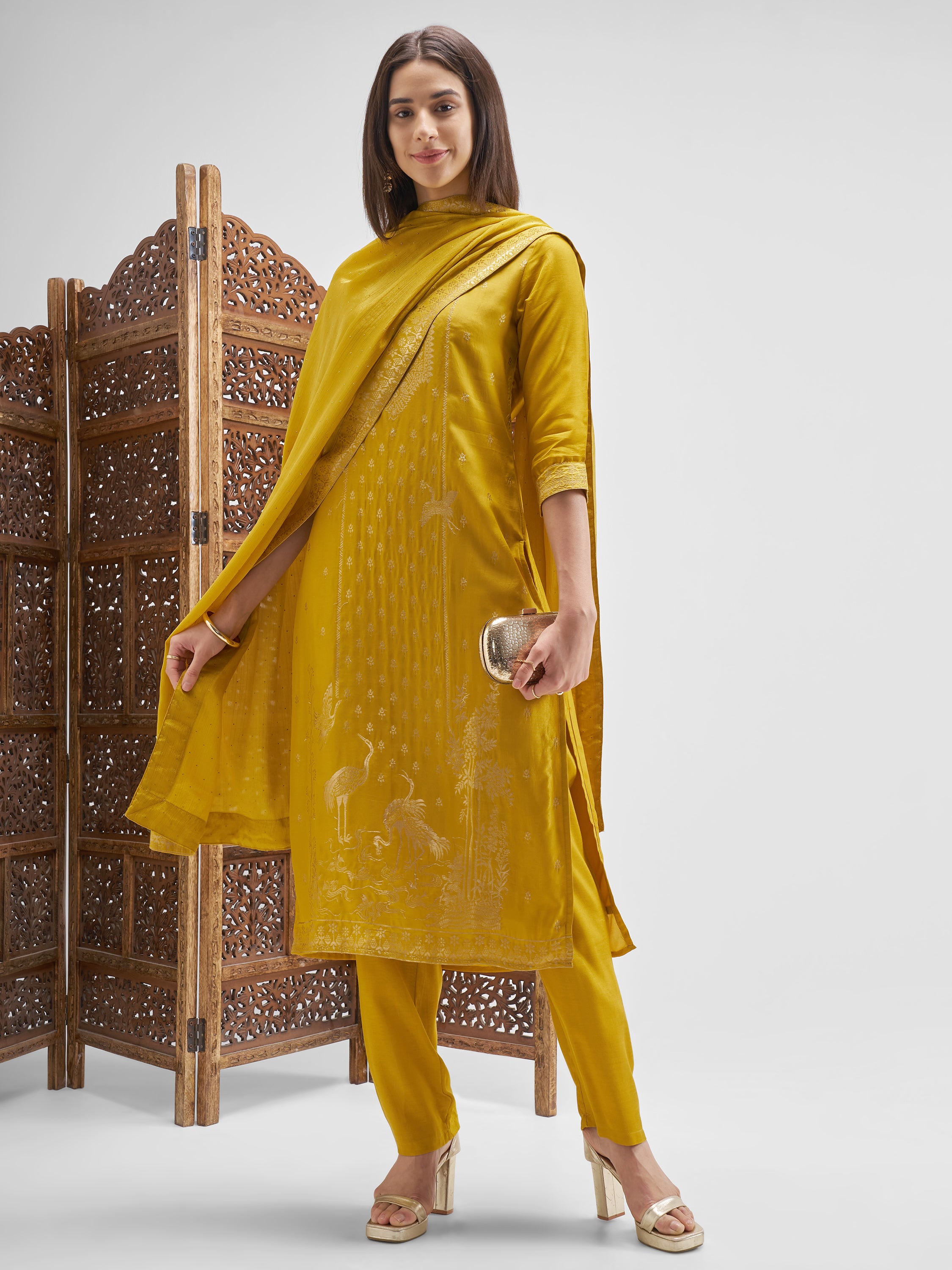 Vishudh Women Mustard Embroidered Kurta And Palazzo With Dupatta - Mustard - Image 1