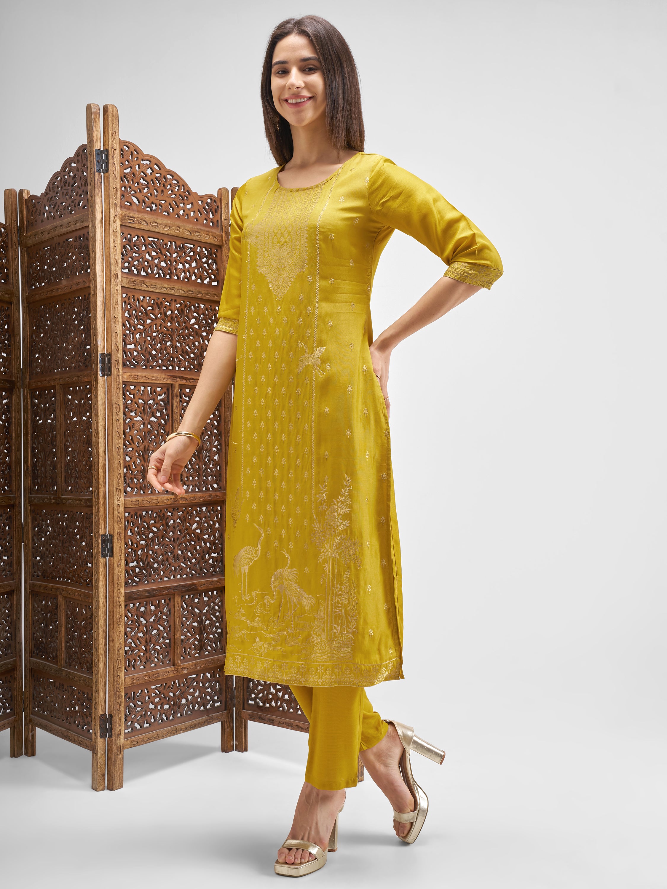 Vishudh Women Mustard Embroidered Kurta And Palazzo With Dupatta - Mustard - Image 2